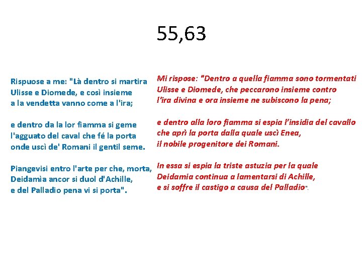 55, 63 Rispuose a me: "Là dentro si martira Ulisse e Diomede, e così