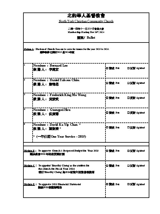 北約華人基督教會 North York Christian Community Church 二零一四年十一月三十日會員大會 Membership Meeting Nov 30 th, 2014 選票/