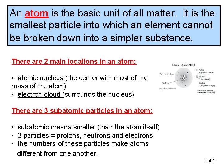 An atom is the basic unit of all matter. It is the smallest particle