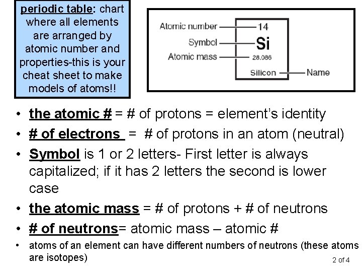 periodic table: chart where all elements are arranged by atomic number and properties-this is