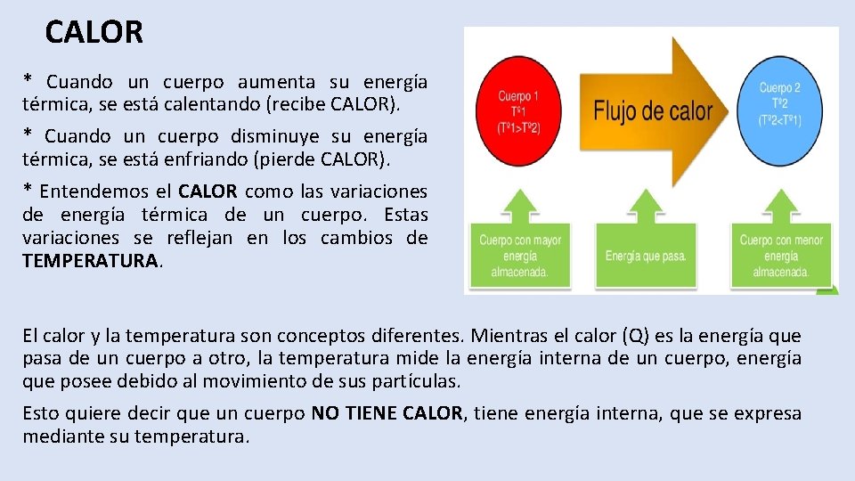  CALOR * Cuando un cuerpo aumenta su energía térmica, se está calentando (recibe