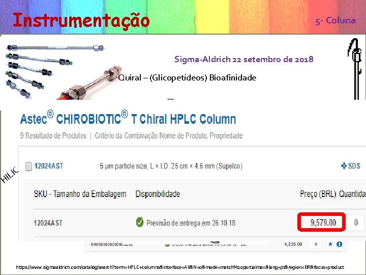 Instrumentação 5 - Coluna colunas Sigma-Aldrich 22 setembro de 2018 Quiral – (Glicopetídeos) Bioafinidade