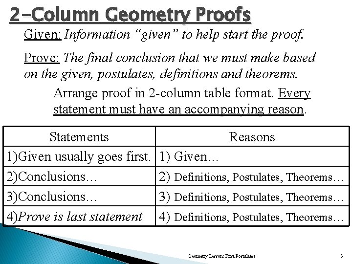 2 -Column Geometry Proofs Given: Information “given” to help start the proof. Prove: The
