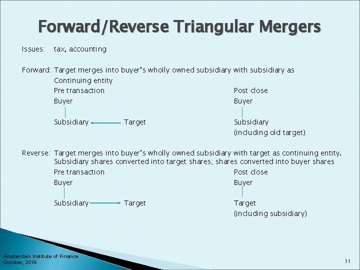 Forward/Reverse Triangular Mergers Issues: tax, accounting Forward: Target merges into buyer’s wholly owned subsidiary