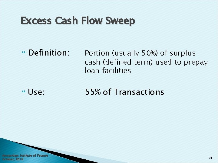 Excess Cash Flow Sweep Definition: Portion (usually 50%) of surplus cash (defined term) used