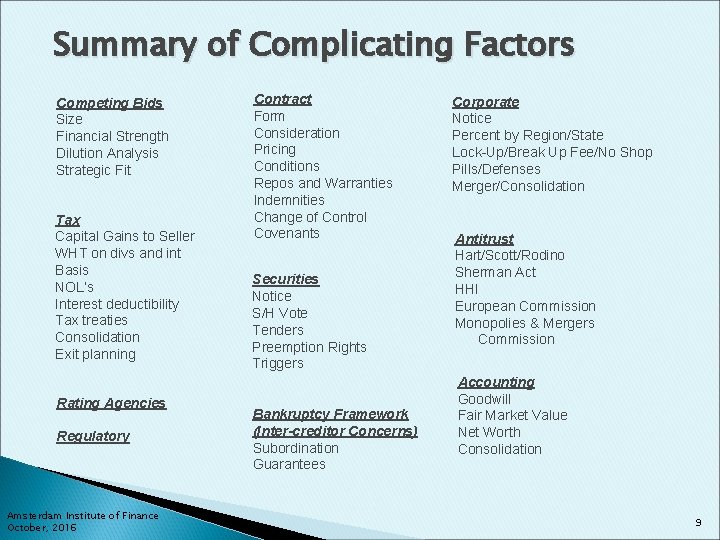 Summary of Complicating Factors Competing Bids Size Financial Strength Dilution Analysis Strategic Fit Tax