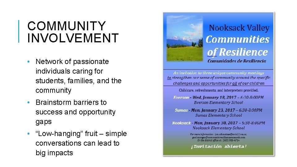 COMMUNITY INVOLVEMENT • Network of passionate individuals caring for students, families, and the community