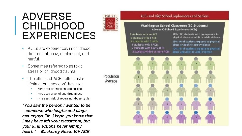 ADVERSE CHILDHOOD EXPERIENCES • ACEs are experiences in childhood that are unhappy, unpleasant, and