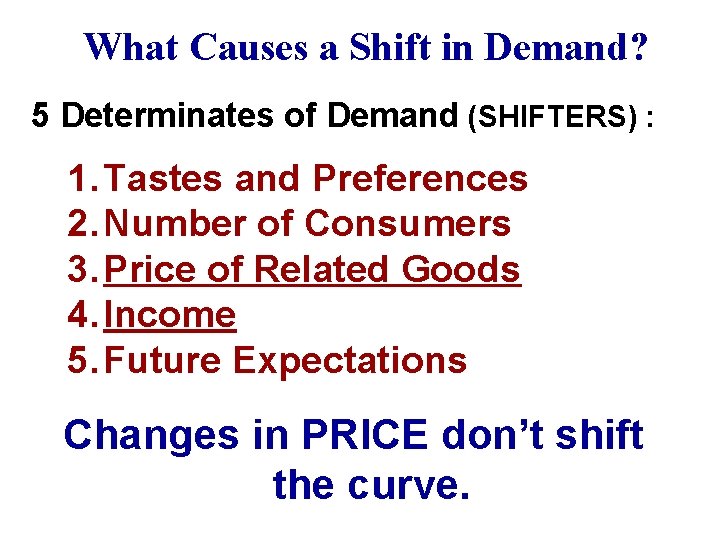 What Causes a Shift in Demand? 5 Determinates of Demand (SHIFTERS) : 1. Tastes What Causes a Shift in Demand? 5 Determinates of Demand (SHIFTERS) : 1. Tastes