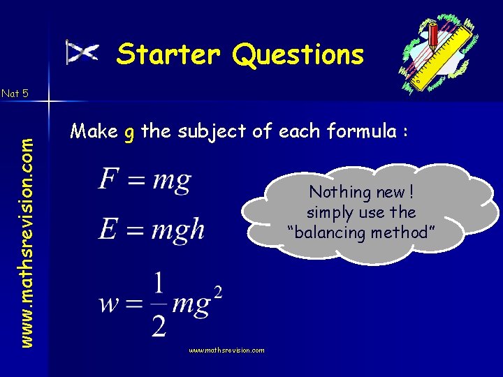 Starter Questions www. mathsrevision. com Nat 5 Make g the subject of each formula