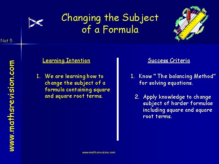 Changing the Subject of a Formula www. mathsrevision. com Nat 5 Learning Intention 1.