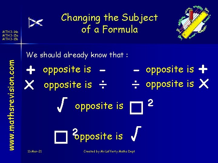 Changing the Subject of a Formula MTH 3 -14 a MTH 3 -15 b