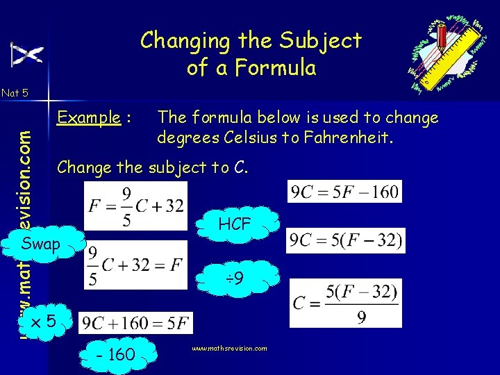 Changing the Subject of a Formula Nat 5 www. mathsrevision. com Example : The