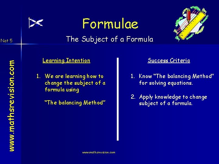 Formulae www. mathsrevision. com Nat 5 The Subject of a Formula Learning Intention 1.