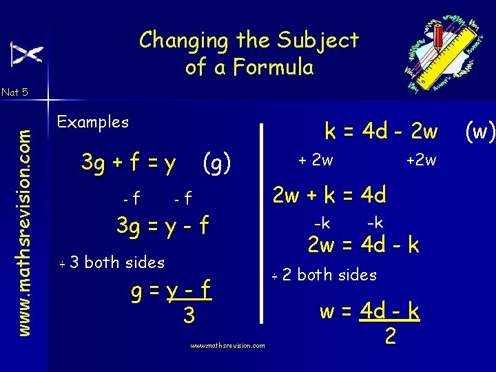 Changing the Subject of a Formula www. mathsrevision. com Nat 5 Examples k =