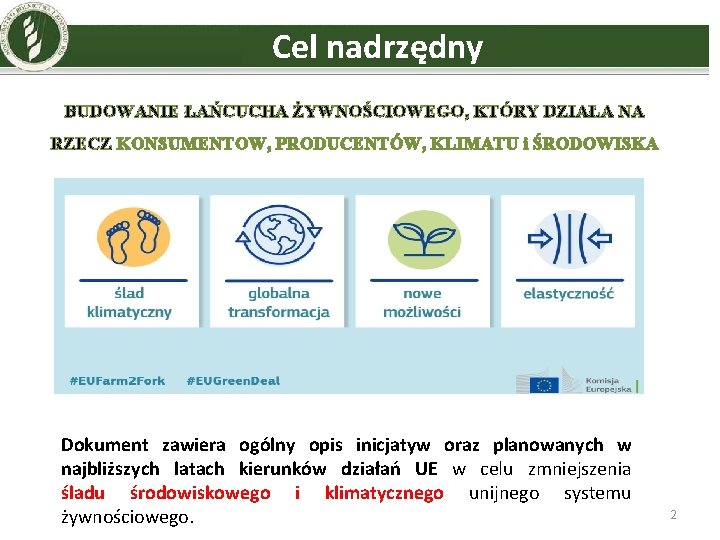 Cel nadrzędny BUDOWANIE ŁAŃCUCHA ŻYWNOŚCIOWEGO, KTÓRY DZIAŁA NA RZECZ KONSUMENTOW, PRODUCENTÓW, KLIMATU i ŚRODOWISKA