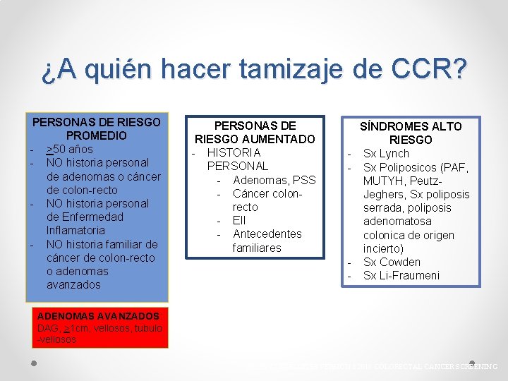 ¿A quién hacer tamizaje de CCR? PERSONAS DE RIESGO PROMEDIO - >50 años -