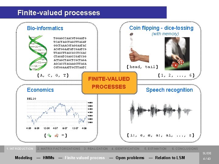 Finite-valued processes Coin flipping - dice-tossing Bio-informatics (with memory) TGGAGCCAACGTGGAATG TCACTAGCTTAGAT GGCTAAACGTAGGAATAC ACGTGGAATATCGAATCG TTAGCGCCTCGAC