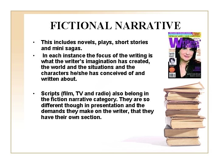 FICTIONAL NARRATIVE • • • This includes novels, plays, short stories and mini sagas.