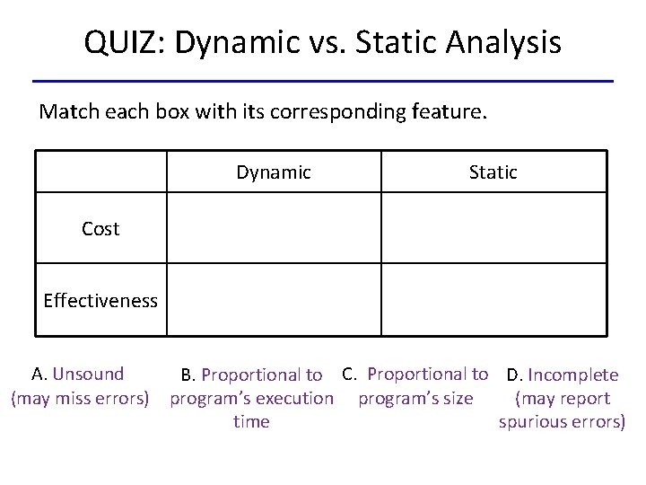 QUIZ: Dynamic vs. Static Analysis Match each box with its corresponding feature. Dynamic Static