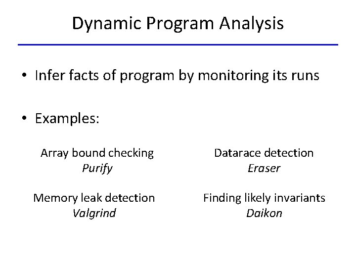 Dynamic Program Analysis • Infer facts of program by monitoring its runs • Examples: