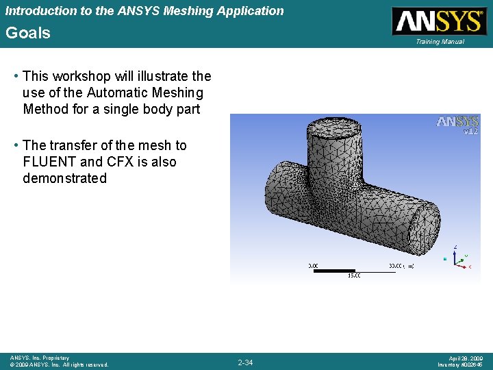 Introduction to the ANSYS Meshing Application Goals Training Manual • This workshop will illustrate