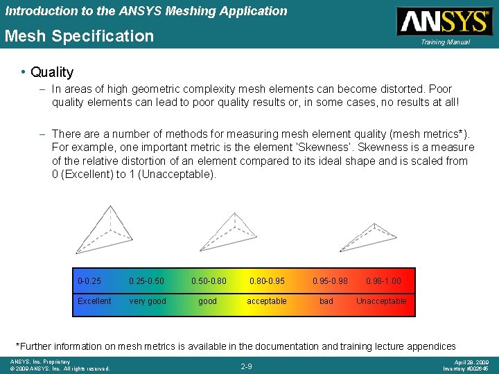 Introduction to the ANSYS Meshing Application Mesh Specification Training Manual • Quality – In