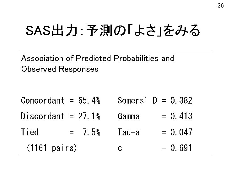 36 SAS出力：予測の「よさ」をみる Association of Predicted Probabilities and Observed Responses Concordant = 65. 4% Somers'