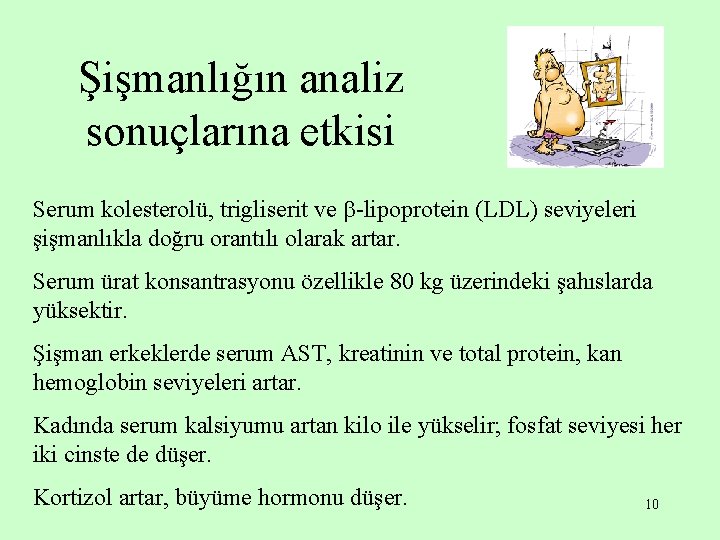 Şişmanlığın analiz sonuçlarına etkisi Serum kolesterolü, trigliserit ve -lipoprotein (LDL) seviyeleri şişmanlıkla doğru orantılı