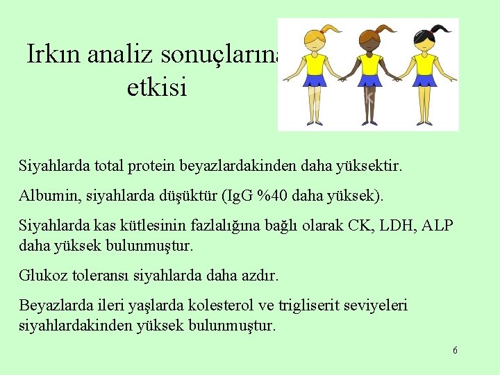 Irkın analiz sonuçlarına etkisi Siyahlarda total protein beyazlardakinden daha yüksektir. Albumin, siyahlarda düşüktür (Ig.