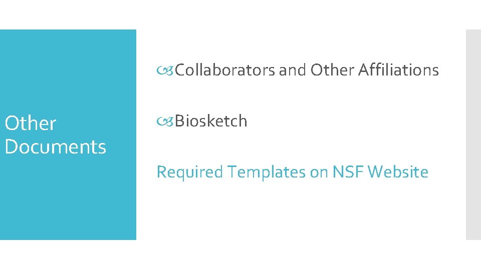  Collaborators and Other Affiliations Other Documents Biosketch Required Templates on NSF Website 