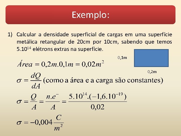 Exemplo: 1) Calcular a densidade superficial de cargas em uma superfície metálica retangular de