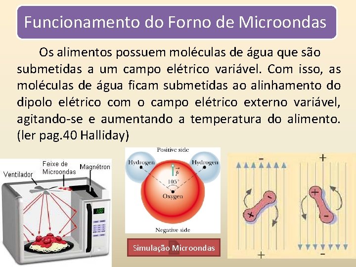 Funcionamento do Forno de Microondas Os alimentos possuem moléculas de água que são submetidas