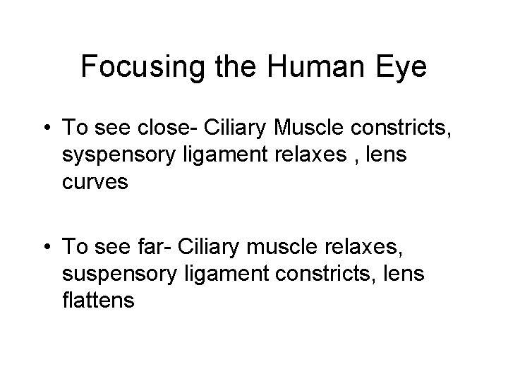 Focusing the Human Eye • To see close- Ciliary Muscle constricts, syspensory ligament relaxes