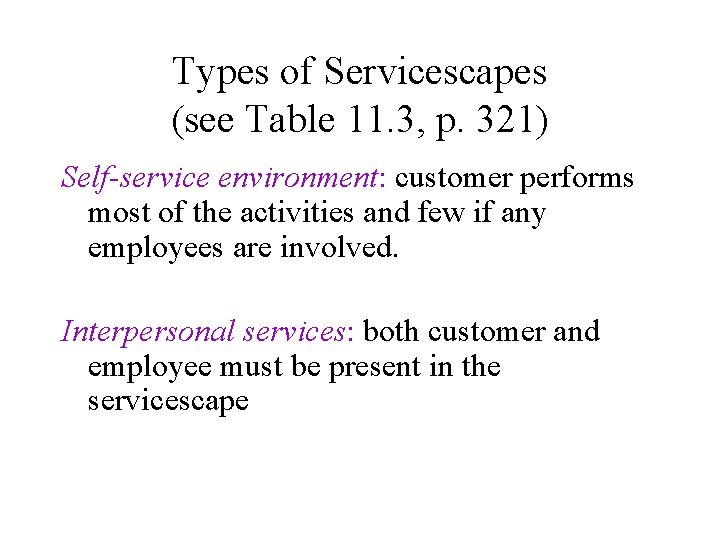 Types of Servicescapes (see Table 11. 3, p. 321) Self-service environment: customer performs most