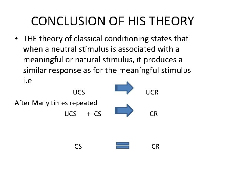 CONCLUSION OF HIS THEORY • THE theory of classical conditioning states that when a