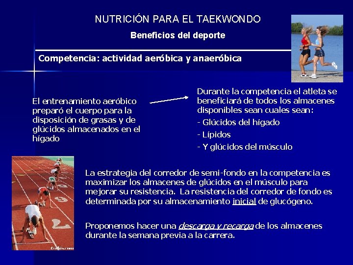 NUTRICIÓN PARA EL TAEKWONDO Beneficios del deporte Competencia: actividad aeróbica y anaeróbica El entrenamiento