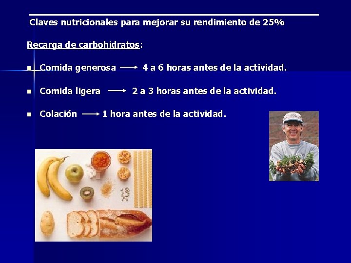 Claves nutricionales para mejorar su rendimiento de 25% Recarga de carbohidratos: n Comida generosa