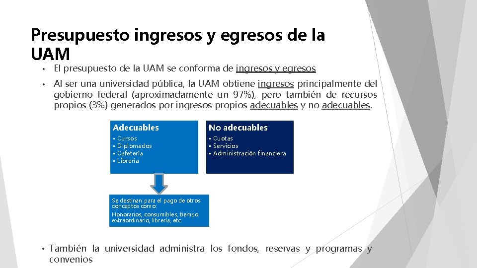 Presupuesto ingresos y egresos de la UAM • El presupuesto de la UAM se