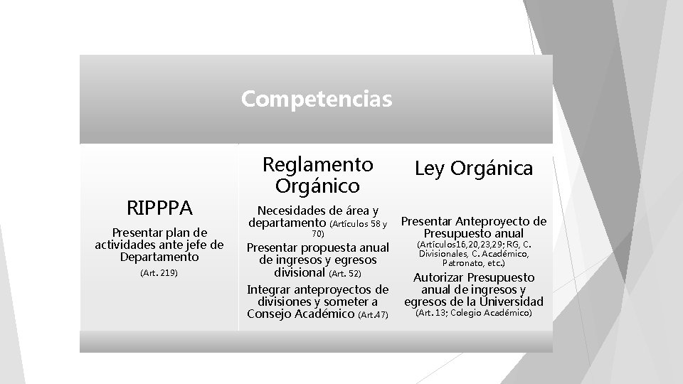 Competencias RIPPPA Presentar plan de actividades ante jefe de Departamento (Art. 219) Reglamento Orgánico