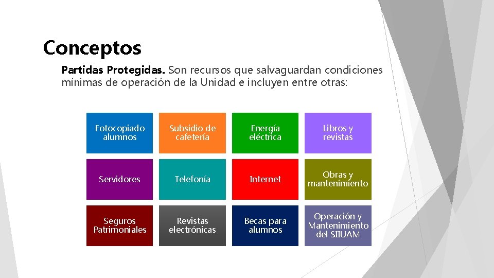 Conceptos Partidas Protegidas. Son recursos que salvaguardan condiciones mínimas de operación de la Unidad