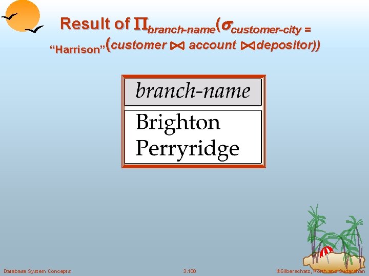 Result of branch-name( customer-city = account depositor)) “Harrison”(customer Database System Concepts 3. 100 ©Silberschatz,