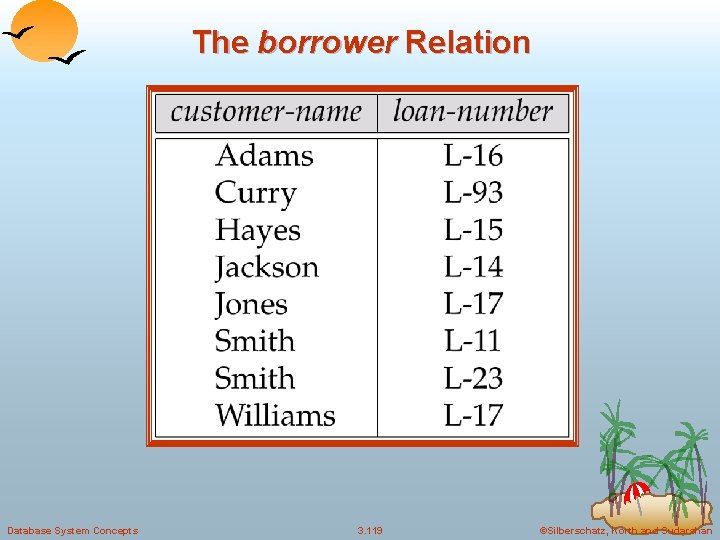 The borrower Relation Database System Concepts 3. 119 ©Silberschatz, Korth and Sudarshan 