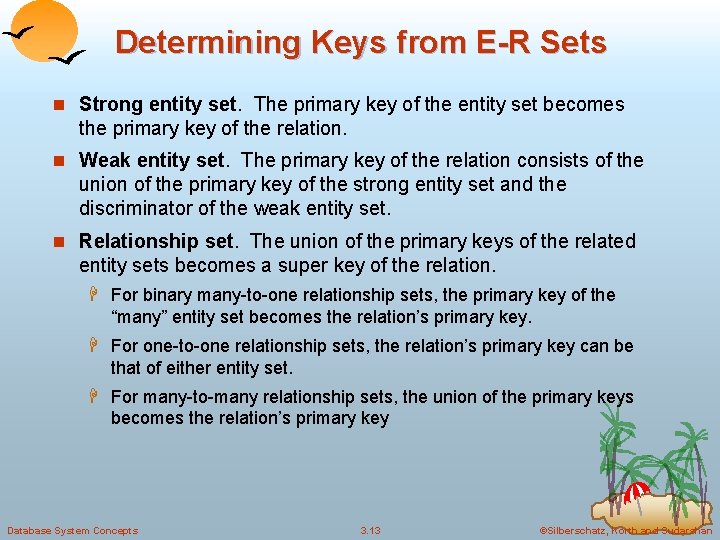 Determining Keys from E-R Sets n Strong entity set. The primary key of the