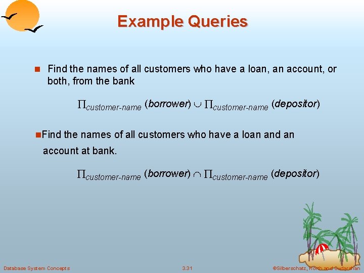 Example Queries n Find the names of all customers who have a loan, an