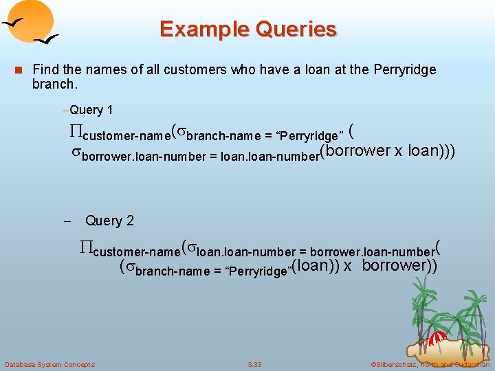 Example Queries n Find the names of all customers who have a loan at