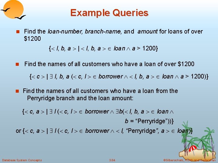 Example Queries n Find the loan-number, branch-name, and amount for loans of over $1200