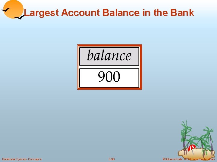 Largest Account Balance in the Bank Database System Concepts 3. 96 ©Silberschatz, Korth and