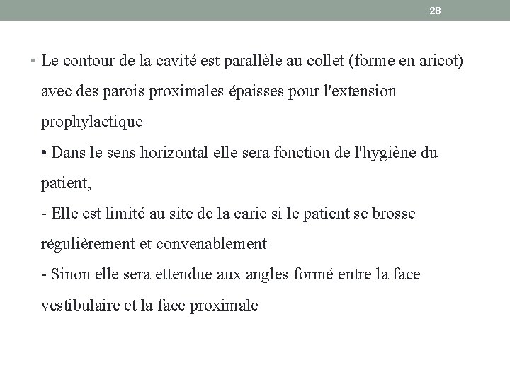 28 • Le contour de la cavité est parallèle au collet (forme en aricot)