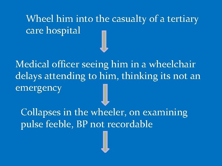Wheel him into the casualty of a tertiary care hospital Medical officer seeing him